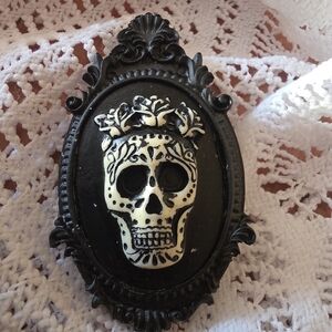 Goth Skull Cameo Brooch In Black Metal Frame, Very Gothic